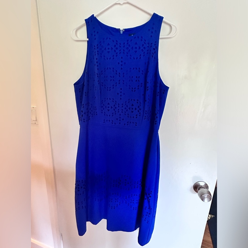 Bright Blue Tahari Shift Dress with Embellishment (Size 12)